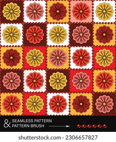 Seamless pattern with chamomiles, daisy in square geometric grid. Pattern brush with beads string. Groovy, hippie retro style. Good for apparel, fabric, textile, surface design.