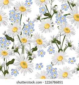 Seamless pattern with chamomiles and forget-me-not flowers couple. Hand-drawn illustration on white background.