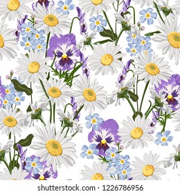 Seamless pattern with chamomiles, forget-me-not and viola flowers. Hand-drawn illustration on white background.