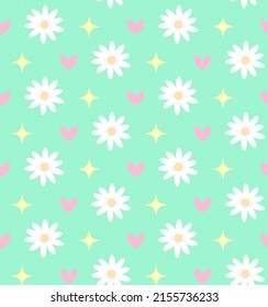 Seamless pattern with chamomiles, hearts and stars on green background. Great for textile, fabric prints, wrapping paper.