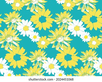 Seamless pattern. Chamomiles on a turquoise background.
