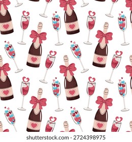 Patrón Sin Costuras Con Botella De Champán, Flautas Y Corazones En Estilo Plano. Textura Del Día De San Valentín De La Celebración Para La Tela, El Fondo, El Embalaje, El Fondo de pantalla Y El Diseño De La Superficie. Concepto de romance burbujeante