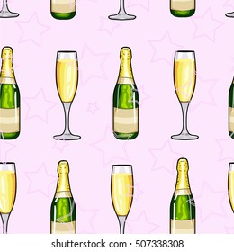 Seamless pattern champagne bottle and glass of champagne. Pink stars background. Cartoon style. Hand drawing champagne. Vector illustration champagne. New Year. Merry Christmas. Holidays background.