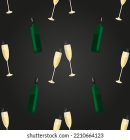 Seamless pattern with champagne bottle and glasses with bubbles on style black background. Christmas fashion vector illustration. Print for greeting card. Bridal concept.