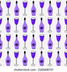 Seamless pattern with champagne bottles and glasses. Beautiful hand-drawn background. Festive Digital paper. Cute design for wrapping paper, textiles, decor. Vector illustration