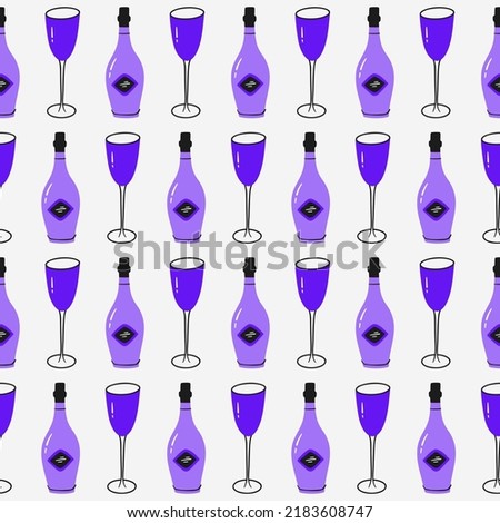 Seamless pattern with champagne bottles and glasses. Beautiful hand-drawn background. Festive Digital paper. Cute design for wrapping paper, textiles, decor. Vector illustration
