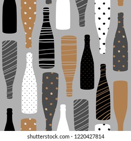 Seamless pattern with  champagne bottles. Hand drawn fabric, gift wrap, wall art design.