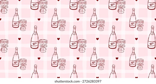 Seamless pattern with champagne festive bottle, glass and bow details, cute heart doodles and whimsical outline accents for romantic valentine celebration and wedding packaging.