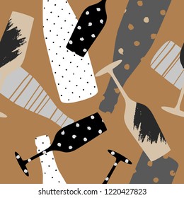 Seamless pattern with  champagne glass and bottle. Hand drawn fabric, gift wrap, wall art design.