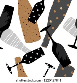 Seamless pattern with  champagne glass and bottle. Hand drawn fabric, gift wrap, wall art design.