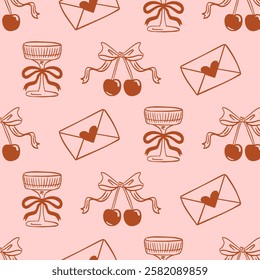 Seamless pattern with champagne glass, envelope and cherry with ribbon bow. in the style of a coquette. Doodle vector illustration.