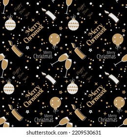 Patrón sin inconvenientes con gafas de champán, velas y adornos navideños, Feliz Navidad y feliz año nuevo. Oro en negro.