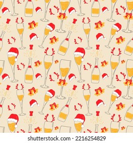 Seamless pattern with Champagne glasses with Christmas accessories. Santa hat, deer horns, bells