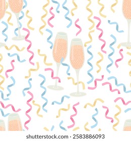 Seamless pattern with champagne glasses and confetti - hand drawn vector illustration.