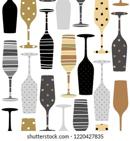 Seamless pattern with  champagne glasses. Hand drawn fabric, gift wrap, wall art design.