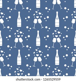 Seamless pattern with champagne glasses, hearts, bottle. Greeting card happy Valentine's Day. Romantic background.