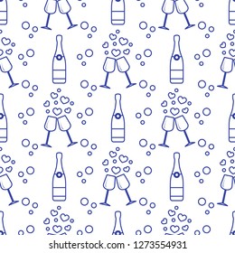 Seamless pattern with champagne glasses, hearts, bottle. Greeting card happy Valentine's Day. Romantic background.