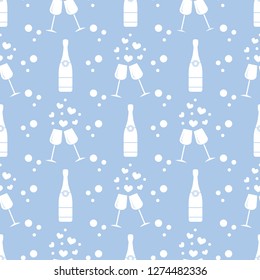 Seamless pattern with champagne glasses, hearts, bottle. Greeting card happy Valentine's Day. Romantic background.