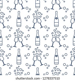 Seamless pattern with champagne glasses, hearts, bottle. Greeting card happy Valentine's Day. Romantic background.