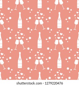 Seamless pattern with champagne glasses, hearts, bottle. Greeting card happy Valentine's Day. Romantic background.