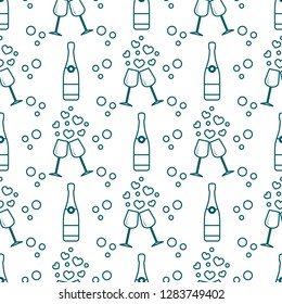Seamless pattern with champagne glasses, hearts, bottle. Greeting card happy Valentine's Day. Romantic background.