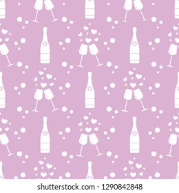 Seamless pattern with champagne glasses, hearts, bottle. Greeting card happy Valentine's Day. Romantic background.