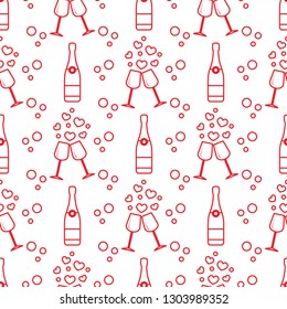 Seamless pattern with champagne glasses, hearts, bottle. Greeting card happy Valentine's Day. Romantic background.