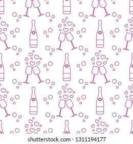 Seamless pattern with champagne glasses, hearts, bottle. Greeting card happy Valentine's Day. Romantic background.