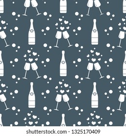 Seamless pattern with champagne glasses, hearts, bottle. Greeting card happy Valentine's Day. Romantic background.