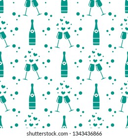 Seamless pattern with champagne glasses, hearts, bottle. Greeting card happy Valentine's Day. Romantic background.