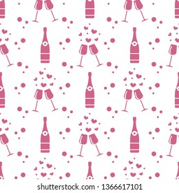Seamless pattern with champagne glasses, hearts, bottle. Greeting card happy Valentine's Day. Romantic background.