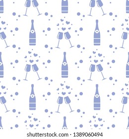 Seamless pattern with champagne glasses, hearts, bottle. Greeting card happy Valentine's Day. Romantic background.