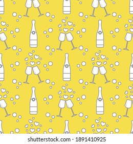 Seamless pattern with champagne glasses, hearts, bottle. Greeting card happy Valentine's Day. Romantic background. Illuminating and Ultimate Gray.