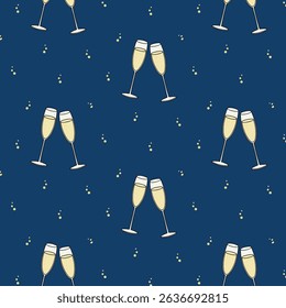 Seamless pattern of champagne glasses on dark blue background. Suitable for textile, wrapping paper, and festive packaging.