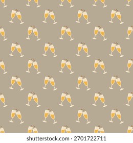 Seamless pattern with champagne glasses on beige background. Vector festive holiday background. Wedding print.