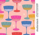 Seamless pattern with champagne glasses in retro style. Colorful outline wine glass.