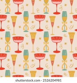 Seamless pattern with champagne glasses in retro style. 