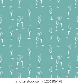 seamless pattern with champagne glasses. White simple ornament  on blue background. Vector illustration. Holiday, celebration, toast, party. Texture for restaurant, bar, cafe.