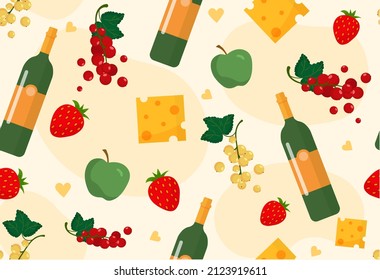 Seamless pattern with champagne. Repeating pattern for printing on bedding and wrapping paper. Fruits vegetables, tasty food and products from cafe or restaurant. Cartoon flat vector illustration