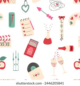 Seamless pattern with champagne, sweets, umbrella, candles. Valentine's Day.Great for fabrics, wrapping paper, covers and children's designs.