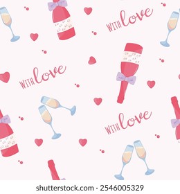 Seamless pattern with champagne, two glasses and hearts. Happy Valentine's Day, Romance, Love concept. Perfect for product design, scrapbooking, textile, wrapping paper. EPS 10