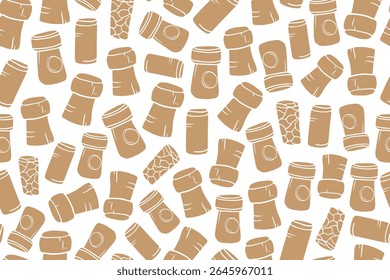 Seamless pattern of champagne and wine bottle corks in doodle style. Alcohol drinks. Great for bar menu, drink menu, wallpaper, banner, print. Vector illustration EPS10. Hand drawn