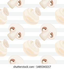 Seamless pattern with champignon mushrooms on a light gray horizontal strip. Wallpaper, print, packaging, textile design, paper. Vector illustration.