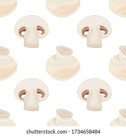 Seamless pattern with champignon mushrooms on a white background. Wallpaper, print, banner, poster, packaging, paper, textile design. Vector illustration.