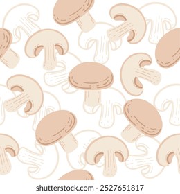 Padrão contínuo. Cogumelos Champignon. Perfeito para receitas, conteúdo de comida vegetariana e desenhos culinários. Ilustração vetorial sobre fundo branco.