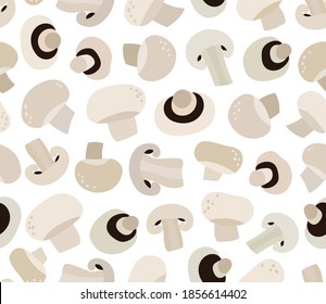 Seamless pattern of champignon on white background. Hand-drawn champignon pattern. Trendy vegan food background for textile, fabric, paper. Suitable for illustrating healthy eating, local farm, recipe