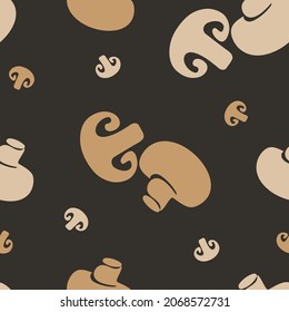 seamless pattern champignons brown and light whole and halves on a dark background