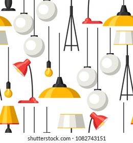 Seamless pattern with chandelier, furniture, floor and table lamps.