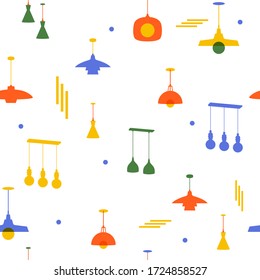 Seamless pattern with chandeliers for the store with a modern design. Vector illustration with different luster. Lighting store. Home decor for interior decoration.