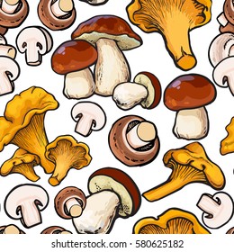 Seamless pattern of chanterelle, champignon, porcini edible mushrooms, sketch vector illustration on white background. Button mushroom, chanterelle seamless pattern, background, backdrop design